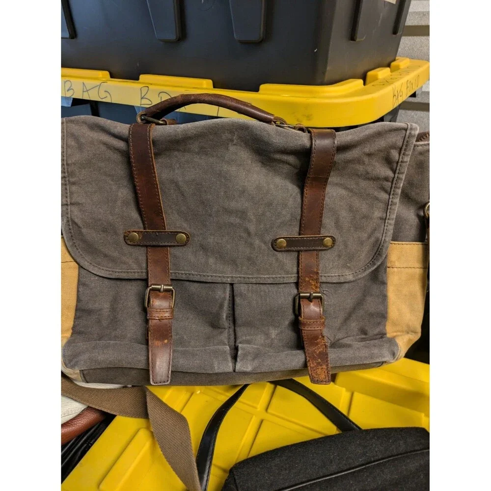 Messenger Bag Gray Canvas Brown Leather Satchel Cross Body Shoulder